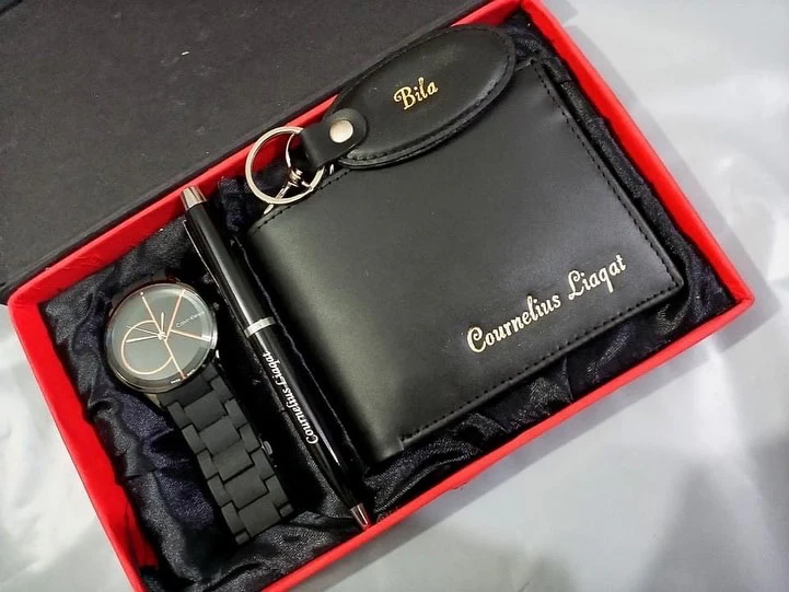 Customized Leather Wallet, Keychain, Pen & Watch
