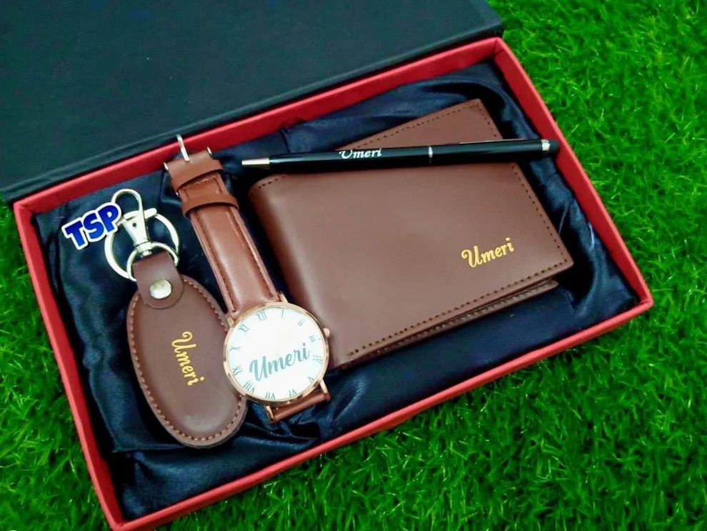Luxury Customized Leather Wallet, Keychain, Pen & Watch Set