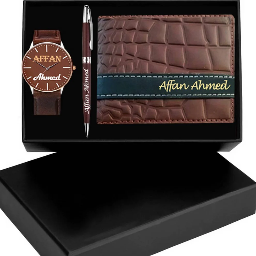 Stylish Leather Gift Set – Wallet, Keychain, Watch, and Pen Combo