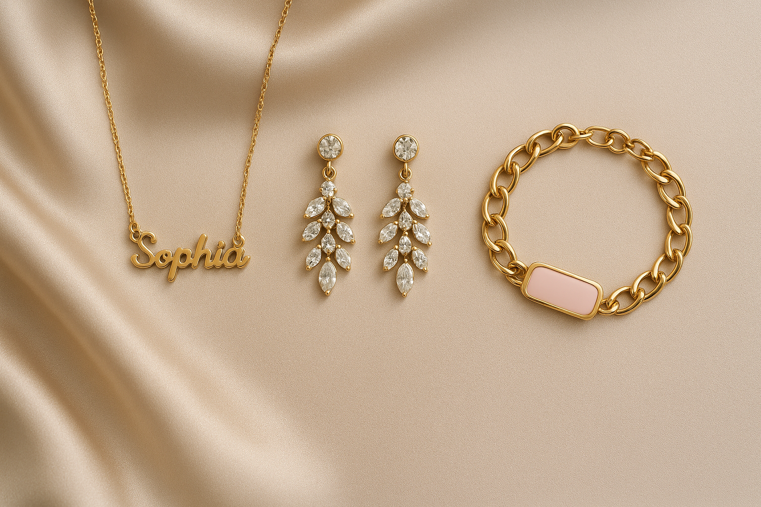 An elegant flat lay of artificial jewelry and customizable name accessories displayed on a soft satin fabric background, with golden and pastel accents. A delicate necklace with a custom name pendant, sparkling earrings, and a stylish bracelet arranged aesthetically. Soft natural lighting, luxury aesthetic, minimal and modern look, with space on one side for text overlay