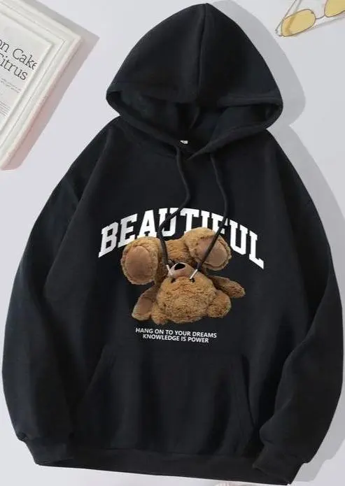 Black Beautiful Bear Printed Hoodie